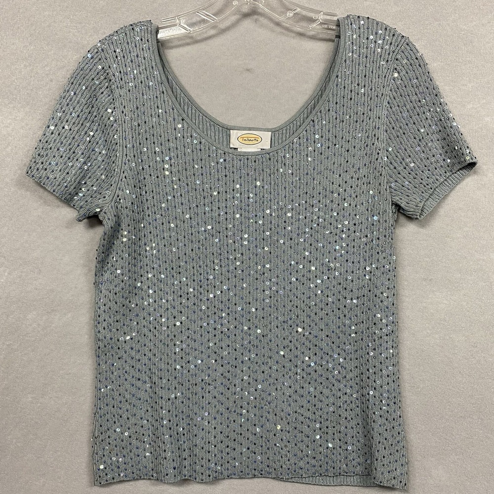 Vintage Women’s Talbots Sweater Silk Blend Sequined Short Sleeve Blue M Stretch